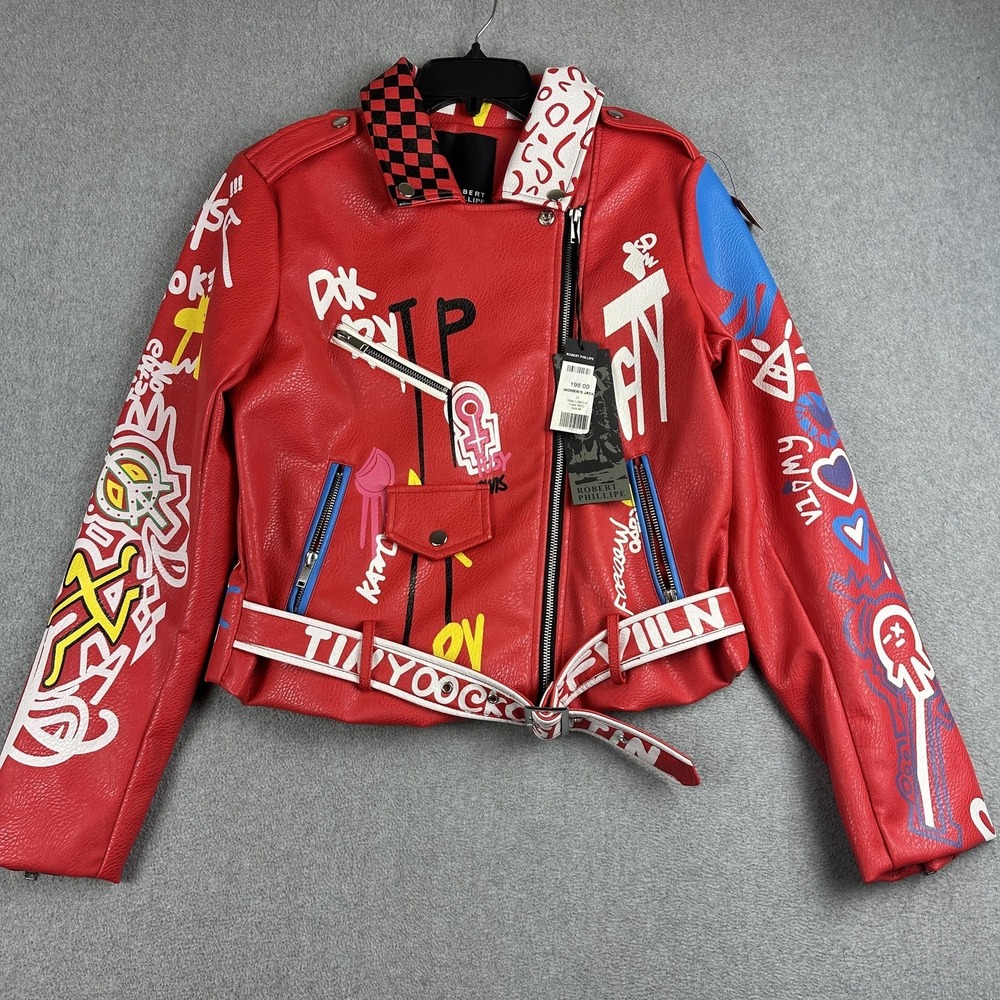 Robert Phillipe Jacket Womens Medium Red Faux Leather Graffiti Moto Belted NWT
